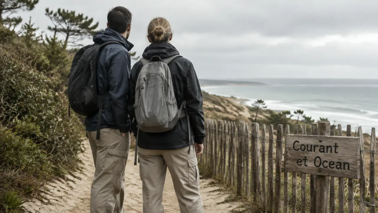 Que faire dans les Landes en avril : marcheurs sur sentier côtier, dunes et océan