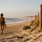 Que faire dans les landes en septembre : couple sur plage près de la pinède, Hossegor