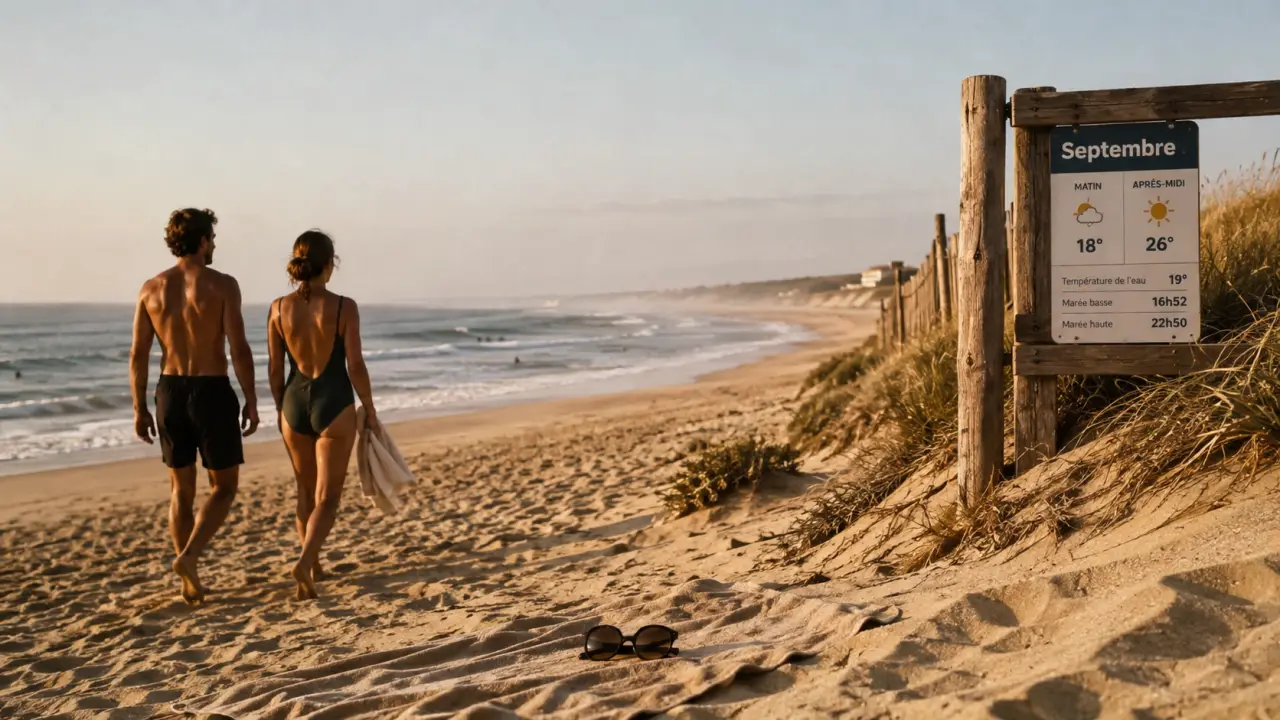 Que faire dans les landes en septembre : couple sur plage près de la pinède, Hossegor
