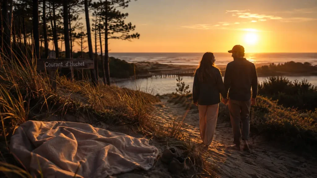 Que faire en amoureux dans les Landes : couple au coucher de soleil au Courant d’Huchet