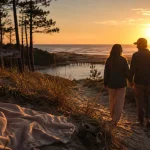 Que faire en amoureux dans les Landes : couple au coucher de soleil au Courant d’Huchet