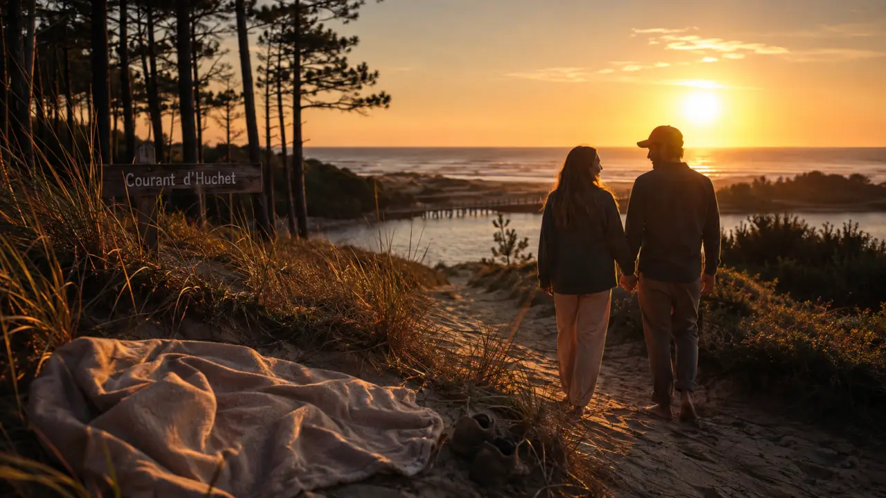 Que faire en amoureux dans les Landes : couple au coucher de soleil au Courant d’Huchet