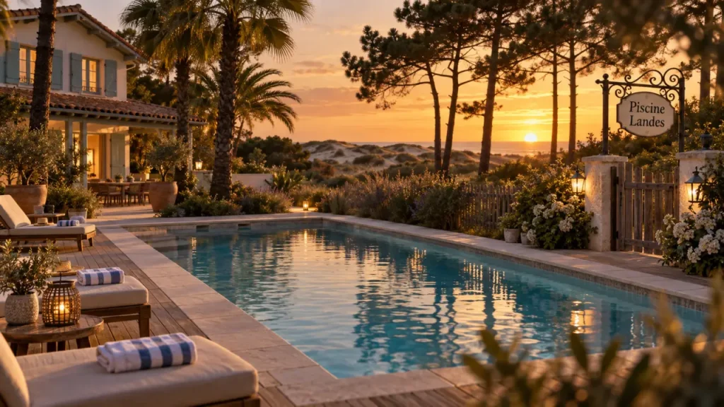 Résidence vacances landes piscine, vue terrasse avec piscine extérieure