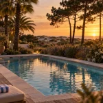 Résidence vacances landes piscine, vue terrasse avec piscine extérieure