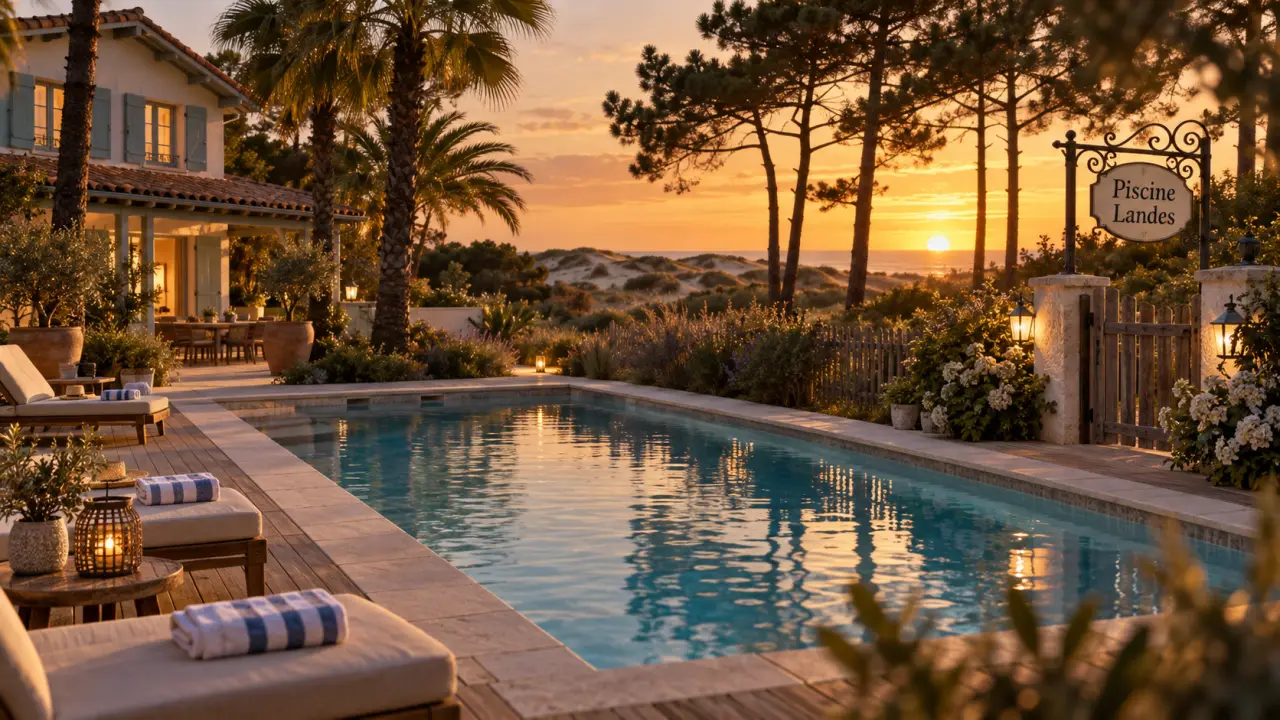 Résidence vacances landes piscine, vue terrasse avec piscine extérieure
