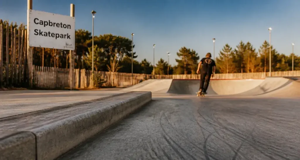 Skatepark de Capbreton : bowl couvert et béton 2200 m², skateur sur manual pad