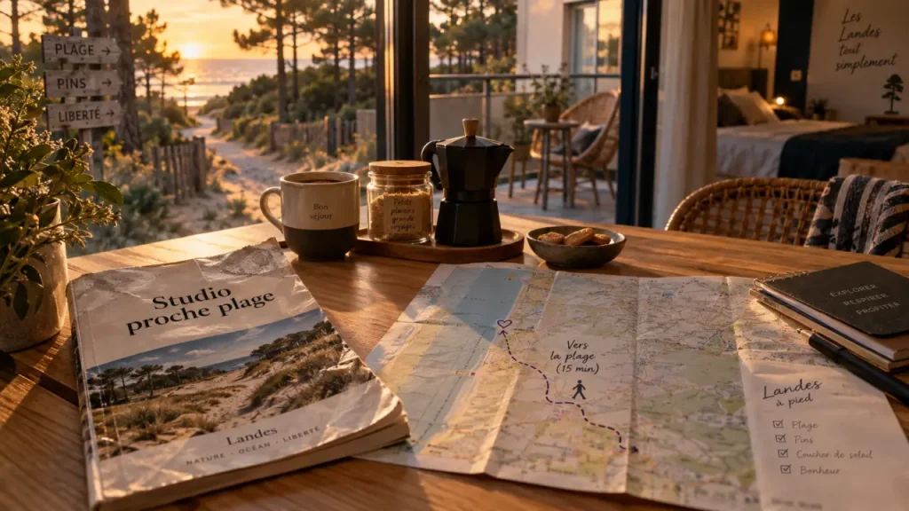 Studio vacances Landes près de l’océan, route plage et pins
