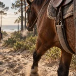 Tourisme equestre landes : cheval et cavaliers en forêt près de la plage