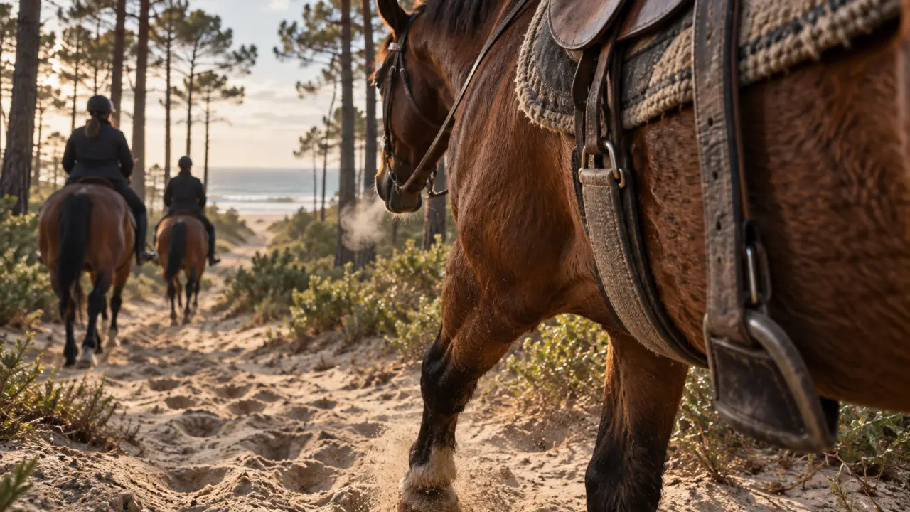 Tourisme equestre landes : cheval et cavaliers en forêt près de la plage