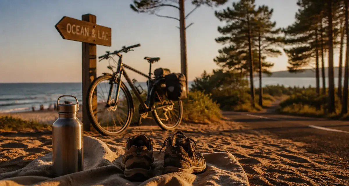 Vacances dans les landes en août : serviette sur la plage, océan et lac sans foule