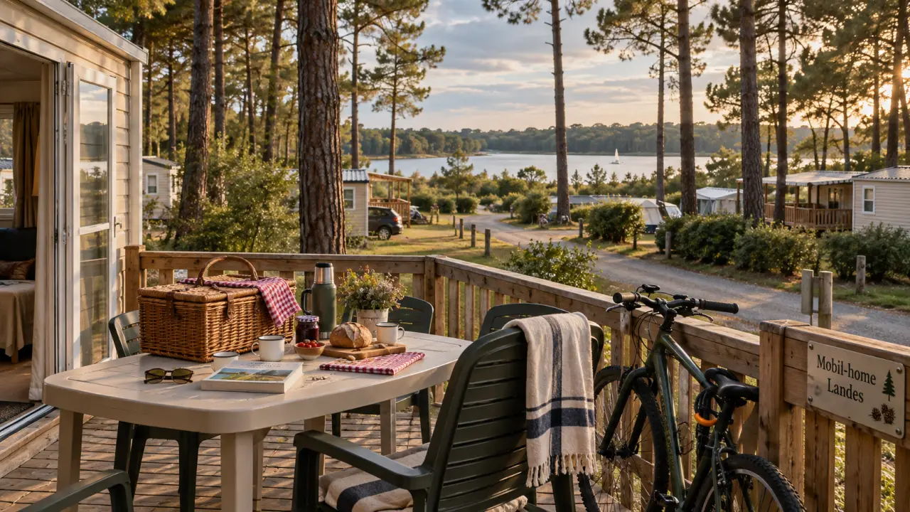 Vacances dans les landes mobil home : terrasse sous les pins, près de l’océan