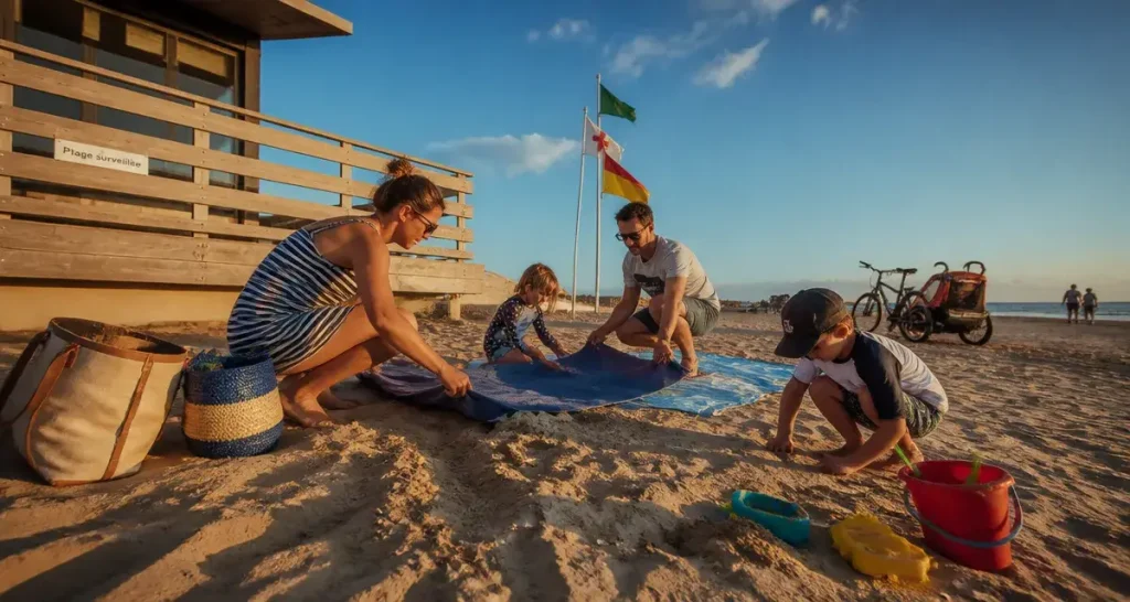 Vacances enfants Landes : famille sur plage surveillée près du poste de secours