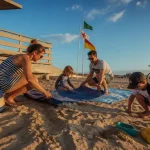 Vacances enfants Landes : famille sur plage surveillée près du poste de secours