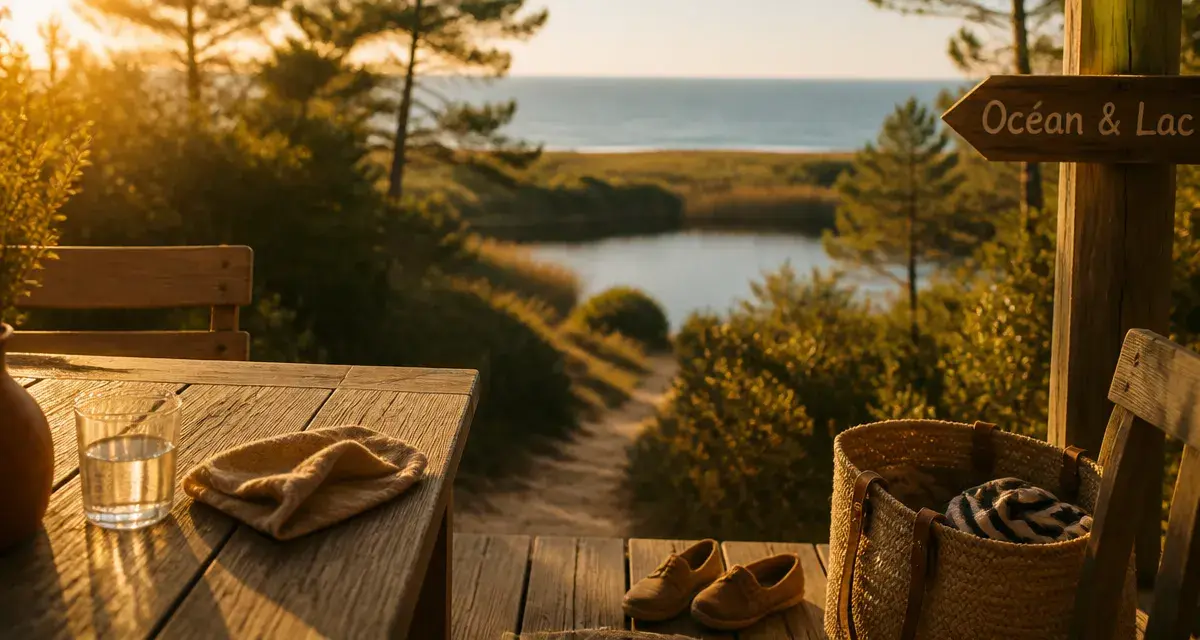 Vacances ete dans les Landes : vue océan et lac depuis la pinède