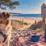 Vacances dans les landes avec son chien : chien en laisse près de la plage, règles à vérifier