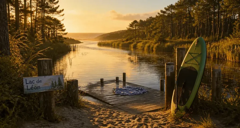 Vacances leon landes : lac de Léon et jetée en bois au golden hour
