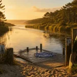 Vacances leon landes : lac de Léon et jetée en bois au golden hour