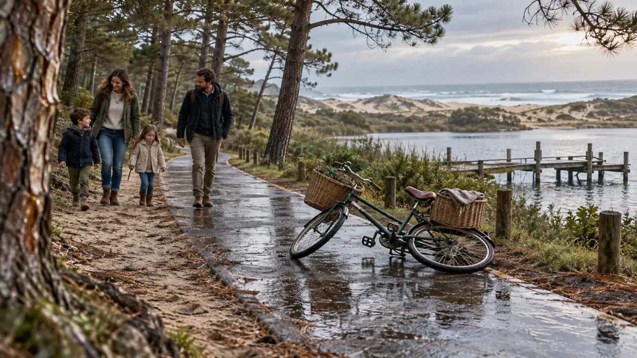 Vacances paques landes : famille marche sur sentier de sable humide près des pins