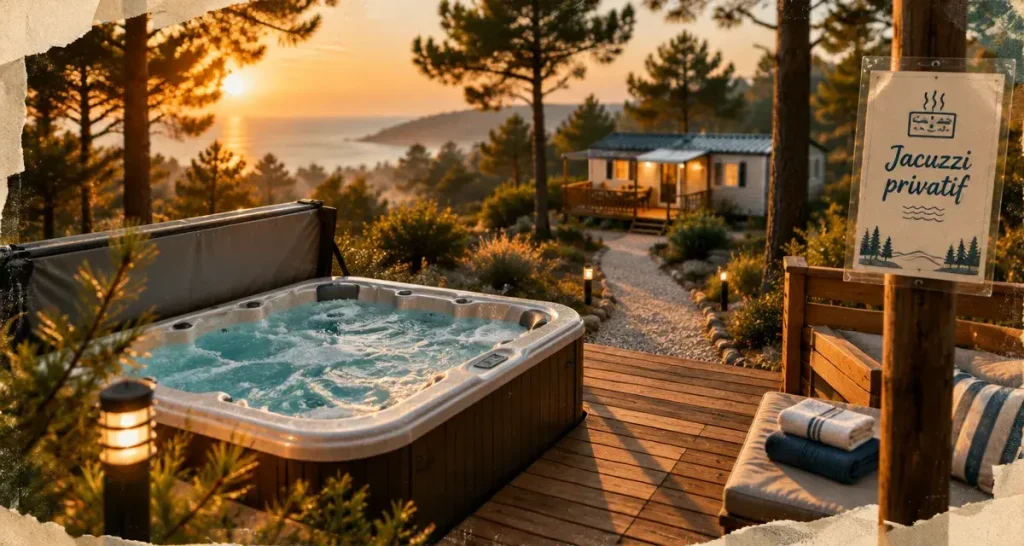 Camping avec jacuzzi privatif landes : jacuzzi éclairé sur terrasse bois