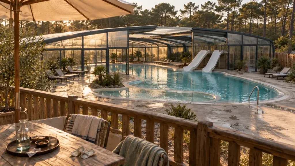 Camping landes bleues : piscine couverte chauffée en famille, toboggans et terrasse bois