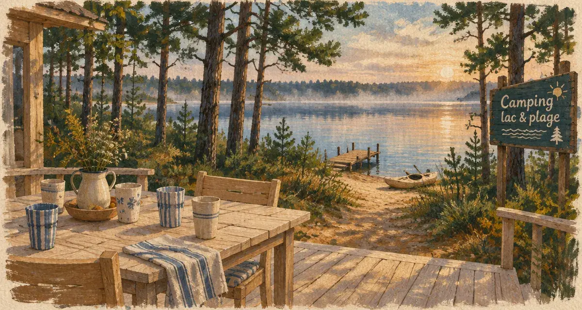 Camping Landes lac : terrasse et ponton au bord du lac