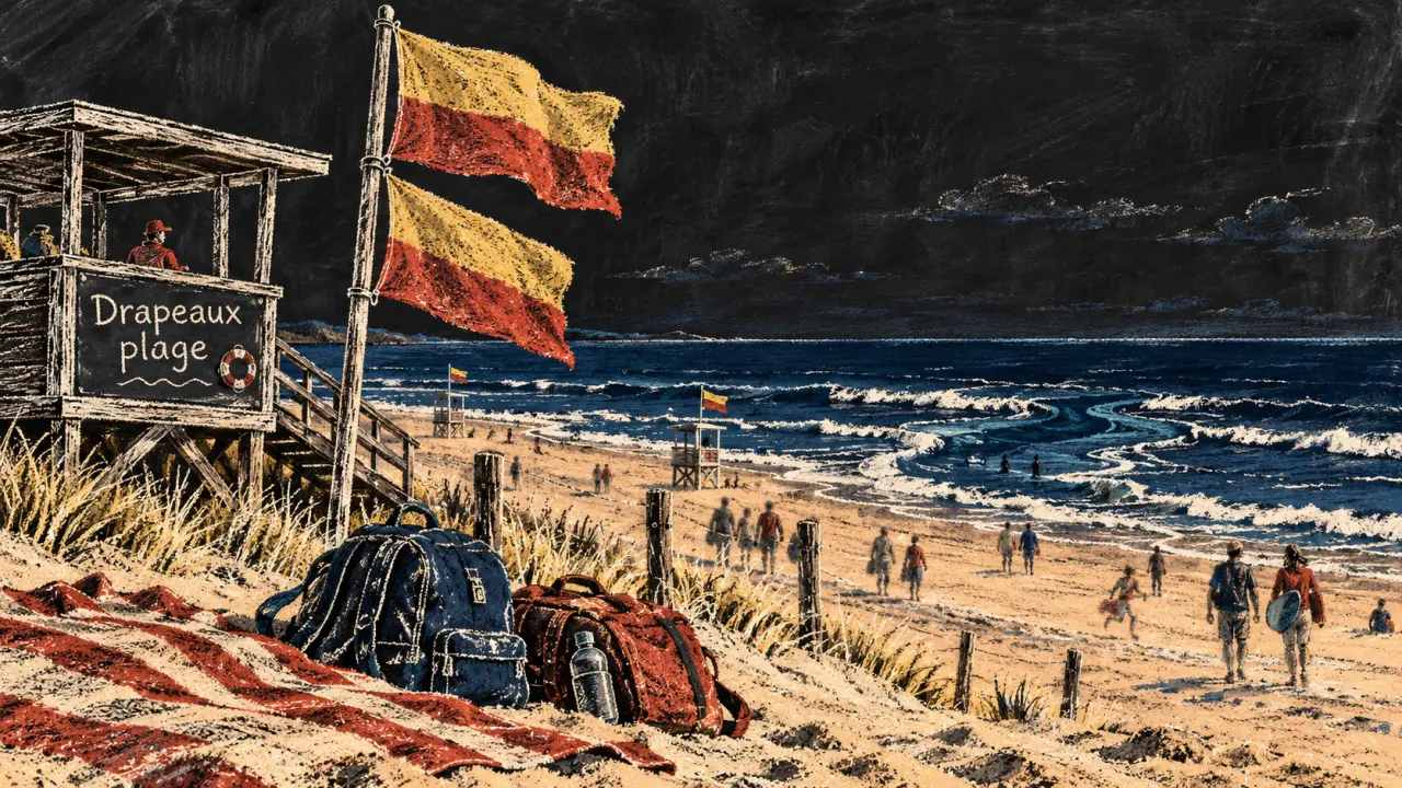 Drapeaux plages landes jaune rouge près d’un poste de secours sur la plage
