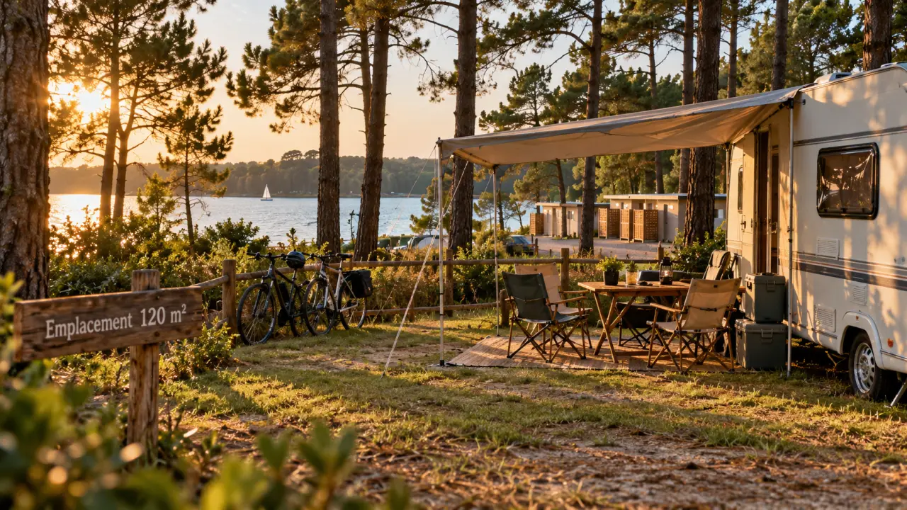 Emplacement camping landes avec herbe, pins et vue sur le lac