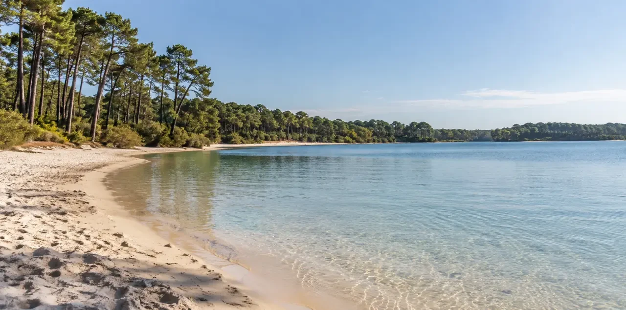 Plages Landes : plage lacustre aux eaux calmes dans un environnement forestier