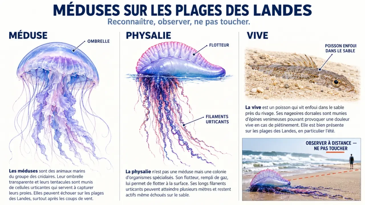 Méduses plages Landes : infographie pour distinguer méduse, physalie et vive
