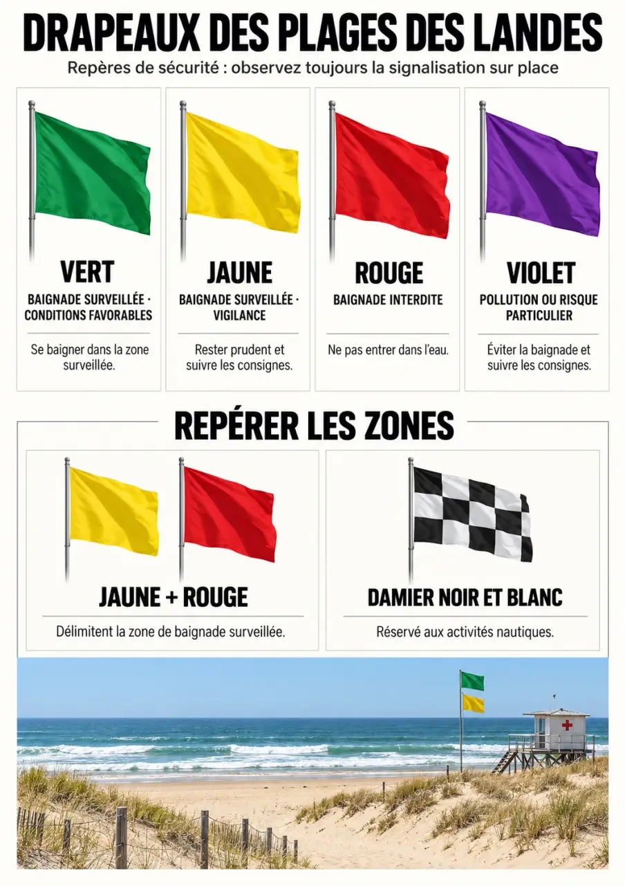 Infographie pédagogique sur les drapeaux des plages Landes et les zones de baignade
