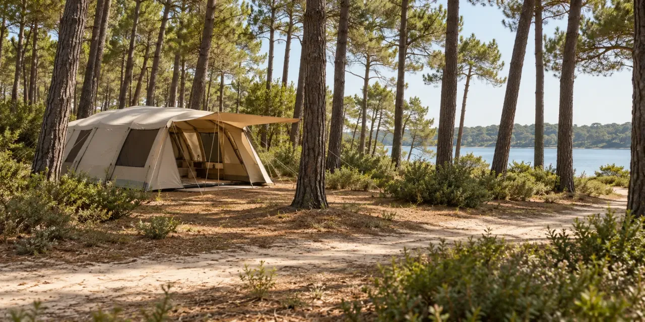 Emplacement camping Landes ombragé près d’un lac dans la forêt de pins