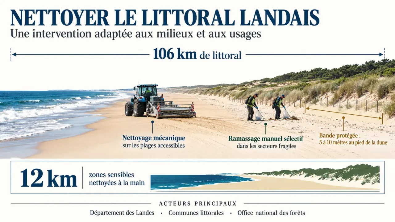 Nettoyage des plages dans les Landes : méthodes mécanique et manuelle, zones sensibles et chiffres clés du littoral