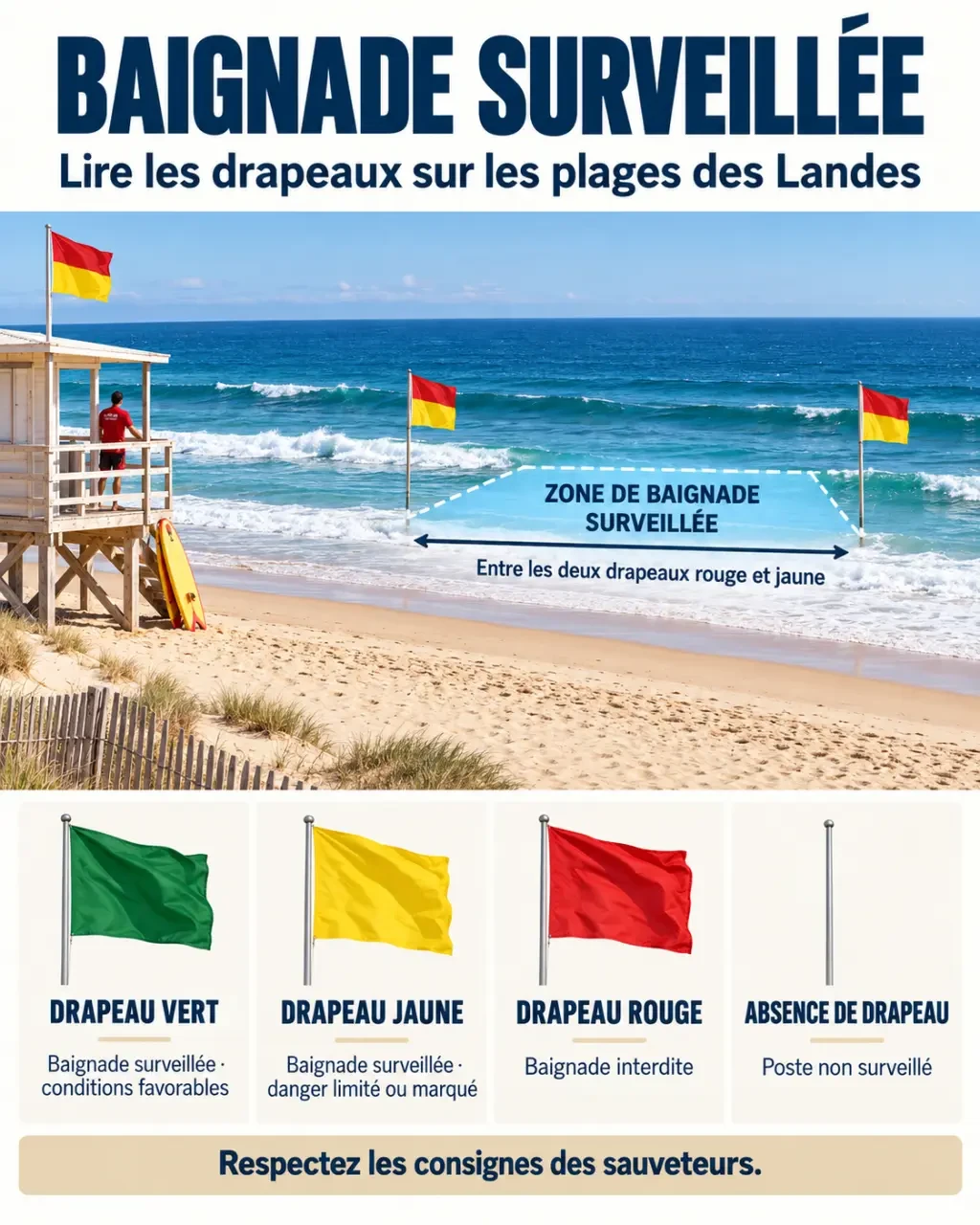 Infographie sur la surveillance plages Landes et la signification des drapeaux de baignade