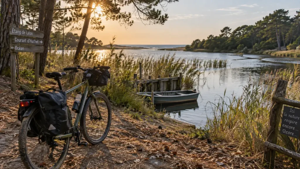 Vélo en pinède près de l’étang de Léon, leion dans les landes