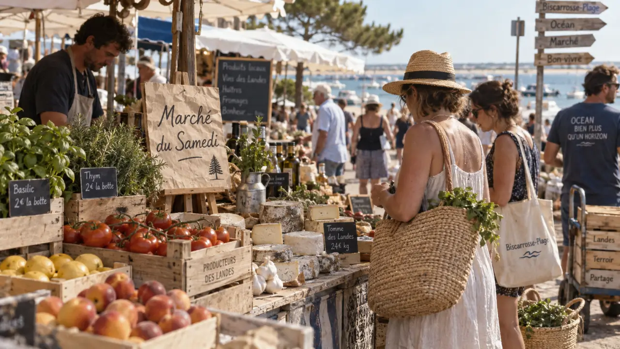 Marché biscarrosse : étal du samedi à Biscarrosse-Plage, fruits et fromages au matin