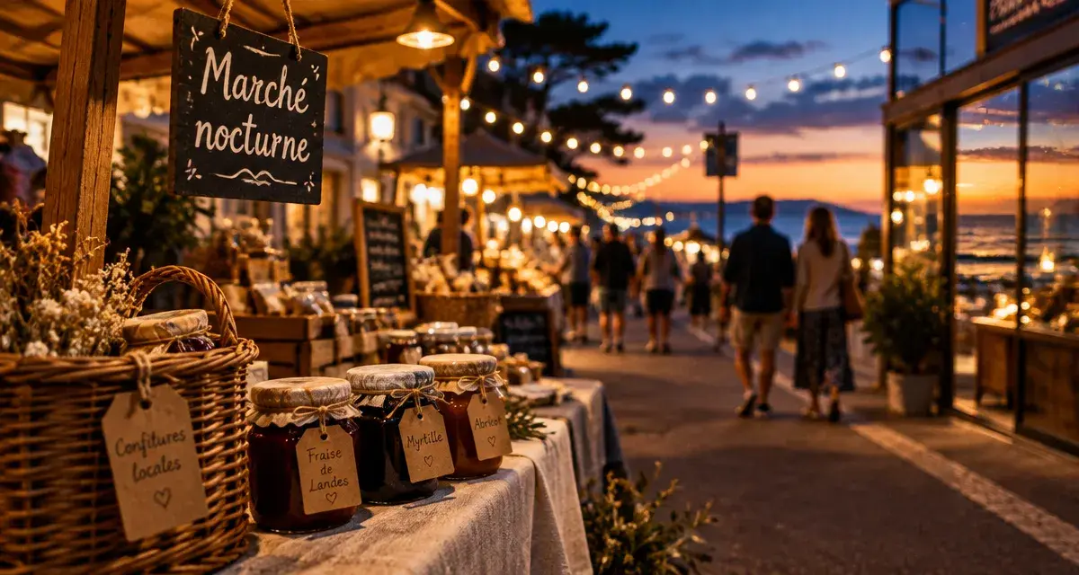 Marché nocturne dans les Landes au crépuscule : étals éclairés