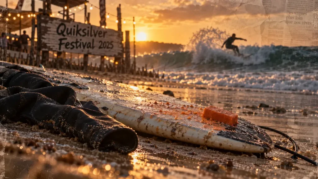 Quiksilver Pro France 2025 : surfeur et planche sur sable des Landes