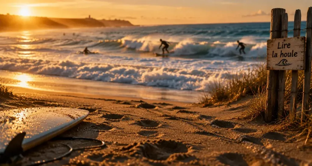 Surf landes : vue de dune au golden hour, surfeurs sur la houle
