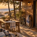 Vacances Landes bungalow Biscarrosse-Plage : vue bungalow océan terrasse pins plage dunes