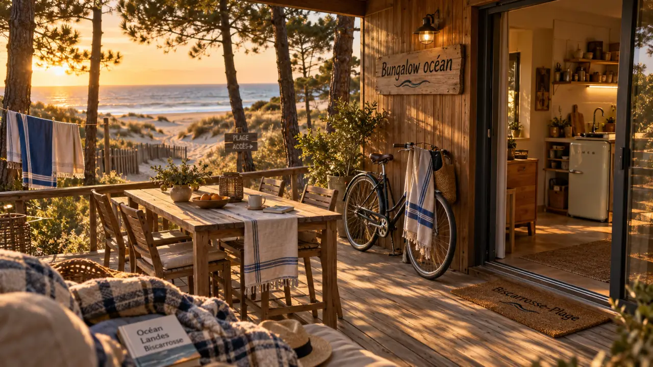 Vacances Landes bungalow Biscarrosse-Plage : vue bungalow océan terrasse pins plage dunes