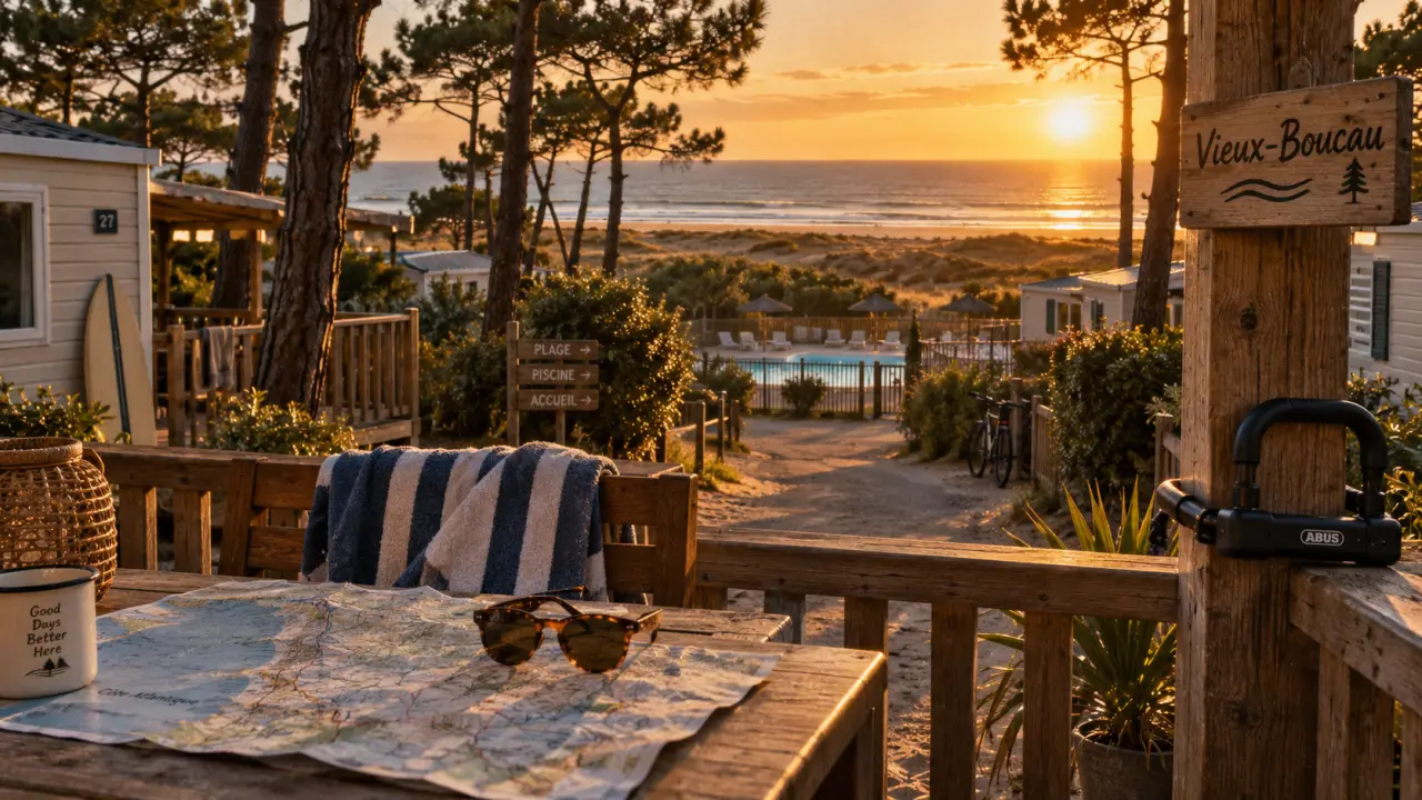 Vieux boucau camping : terrasse de mobil-home, pins et océan Atlantique au coucher du soleil